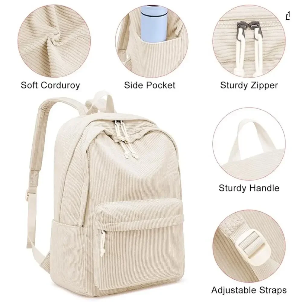 Lightweight Corduroy School Bookbag, Large Laptop Backpack- Beige
